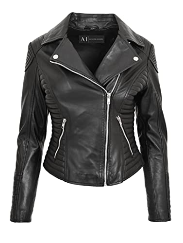 A1 FASHION GOODS Damen Weich Echtes Leder Biker Jacken Ausgestattet Gesteppt Farben Bella (34, Schwarz) von A1 FASHION GOODS