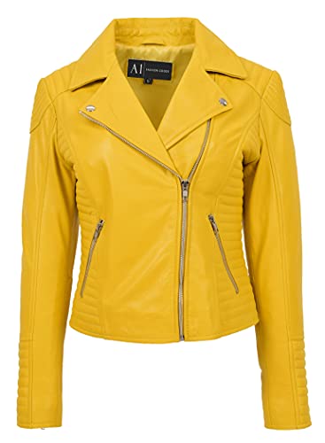 A1 FASHION GOODS Damen Weich Echtes Leder Biker Jacken Ausgestattet Gesteppt Farben Bella (44, Gelb) von A1 FASHION GOODS