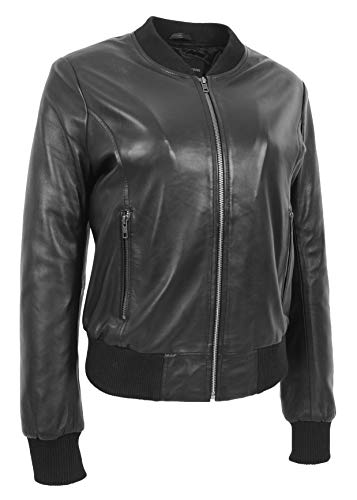 A1 FASHION GOODS Damen Weich Schwarz Leder Bomber Jacke Beiläufig Reißverschluss Tailliert Varsity Joy (L - EU 40) von A1 FASHION GOODS