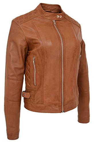 A1 FASHION GOODS Damen Weiches Hellbraun Leder Biker-Jacke Reißverschluss Designer Stilvoll Tailliert Gesteppt Celeste (XXXL - EU 46) von A1 FASHION GOODS