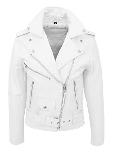 A1 FASHION GOODS Damen Weiß Rindsleder Biker-Lederjacke Ausgestattet Mit Gürtel Beliebt Brando-Mantel Helen (S - EU 36) von A1 FASHION GOODS