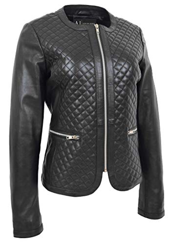 A1 FASHION GOODS Frauen Kragenlos Weiches Schwarz Leder Jacke Biker Stil Tailliert Gesteppter Stich Remi (XL - EU 42) von A1 FASHION GOODS