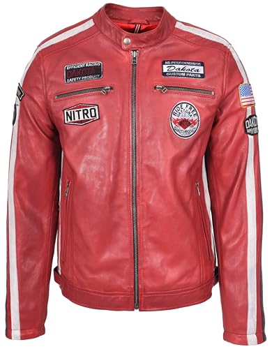 A1 FASHION GOODS Herren-Bikerjacke aus weichem Leder mit Rennstreifen, Sportabzeichen, lässig, taillierter Stil, rot, M von A1 FASHION GOODS