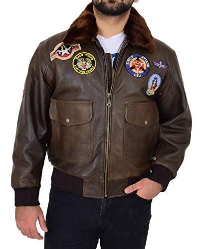 A1 FASHION GOODS Herren Braun Jahrgang Leder Pilotenjacke Schafspelz Halsband Oberteil Gewehr Abzeichen Bomber Hawk (XXL - EU 54) von A1 FASHION GOODS