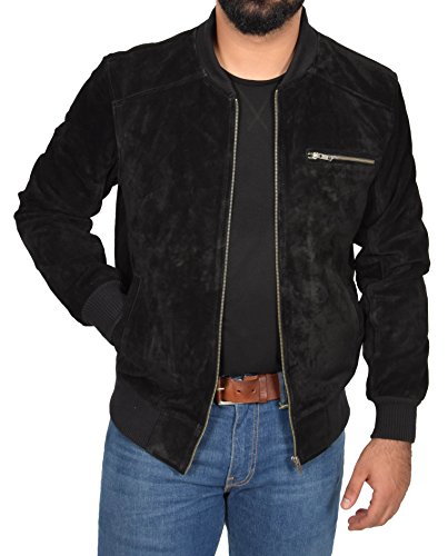 A1 FASHION GOODS Herren Echte Wildleder Schwarz Bomber-Lederjacke Sportarten Varsity Baseball Lässiger Mantel - Roco (XL - EU 52) von A1 FASHION GOODS