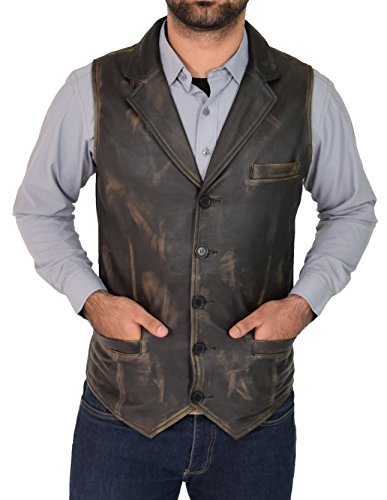 A1 FASHION GOODS Herren Echtes Abreiben Weiches Leder Weste Revere Kragen Gilet Klassisch Westlichen Weste Yelek - Rhys (L - EU 50) von A1 FASHION GOODS