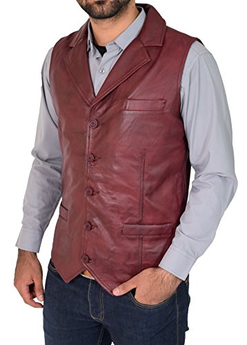 A1 FASHION GOODS Herren Echtes Burgund Weiches Leder Weste Revere Kragen Gilet Klassisch Westlichen Weste Yelek - Rhys (XXL - EU 54) von A1 FASHION GOODS