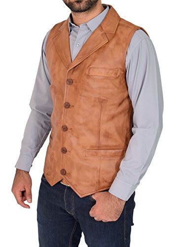 A1 FASHION GOODS Herren Echtes Hellbraun Weiches Leder Weste Revere Kragen Gilet Klassisch Westlichen Weste Yelek - Rhys (XL- EU 52) von A1 FASHION GOODS