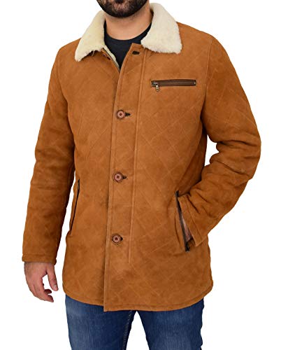 A1 FASHION GOODS Herren Echtes Schaffell Jacke Designer Weiß Shearling 3/4 lang Gesteppt Auto Mantel Hank Cognac (L - EU 50) von A1 FASHION GOODS