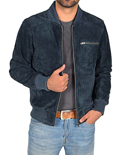 A1 FASHION GOODS Herren Echtes Wildleder Bomber Jacke Tailliert Klassisch Farben Schwarz Braun Marine Hellbraun Wade (XXL, Marine) von A1 FASHION GOODS