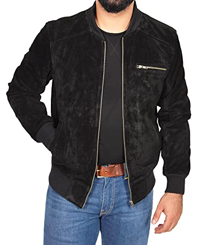 A1 FASHION GOODS Herren Echtes Wildleder Bomber Jacke Tailliert Klassisch Farben Schwarz Braun Marine Hellbraun Wade (XXL, Schwarz) von A1 FASHION GOODS