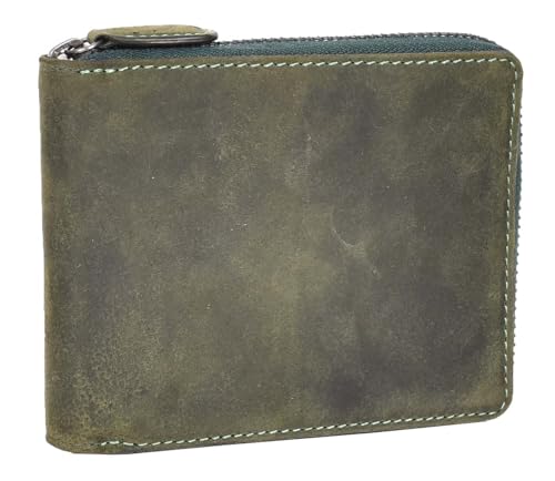 A1 FASHION GOODS Herren-Geldbörse, echtes Hunter Leder, mit Reißverschluss, mit Geschenk-Box, RFID-sicher, Aramac, grün, Medium L:11.0 x W:2.0 x H:10.0 cm, Herren-Geldbörse aus Leder von A1 FASHION GOODS