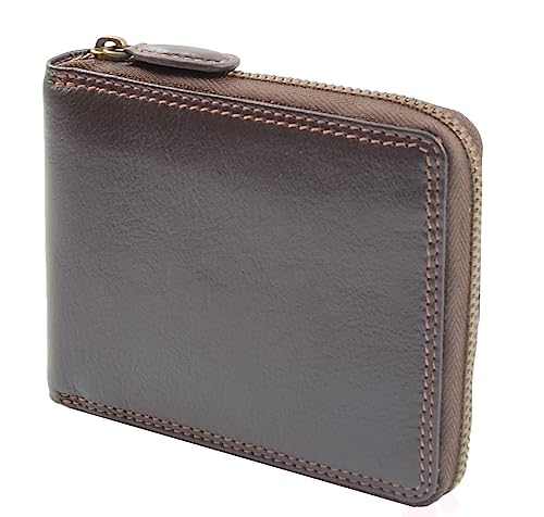 A1 FASHION GOODS Herren-Geldbörse aus echtem Rindsleder, mit Reißverschluss, RFID-sicher, Schwarz / Braun, braun, Medium L:11.0 x W:2.0 x H:9.0 cm, Ledergeldbörse mit umlaufendem Reißverschluss von A1 FASHION GOODS