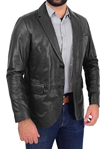 A1 FASHION GOODS Herren Leder-Blazer, taillierter Schnitt, 2 Knöpfe, Schwarz Gr. Small, Schwarz von A1 FASHION GOODS
