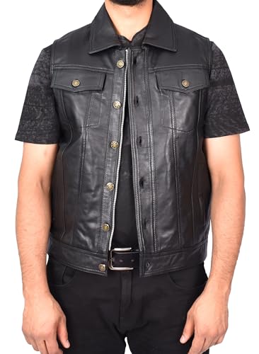 A1 FASHION GOODS Herren Premium Lederweste Klassisch Leicht Trucker Stil Ärmellose Weste Theo Schwarz, Schwarz , 3XL von A1 FASHION GOODS