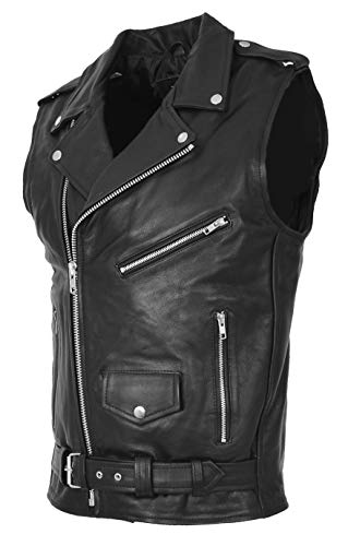 A1 FASHION GOODS Herren Rindsleder Schwarz Leder Biker Waistcoat Ärmellose Weste Klassisch Brando Stil Gilet Hurley (M - EU 48) von A1 FASHION GOODS