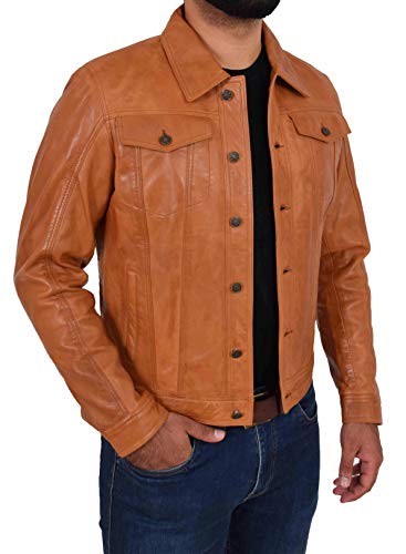 A1 FASHION GOODS Herren Trucker Lederjacke Hellbraun amerikanisch Western Denim-Stil Mantel - Bond (XXL - EU 54) von A1 FASHION GOODS