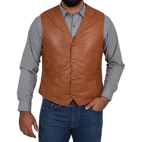 A1 FASHION GOODS Herren Weiche Hellbraun Lederweste Klassisch Traditioneller Stil Gilet Casual Weste - Bruno (M- EU 48) von A1 FASHION GOODS