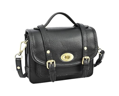 A1 FASHION GOODS Mini-Umhängetasche aus Leder für Damen, Tragegriff oben, mit goldfarbenen Metallteilen, Schwarz, Mini von A1 FASHION GOODS