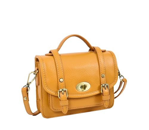 A1 FASHION GOODS Mini-Umhängetasche aus Leder für Damen, Tragegriff oben, mit goldfarbenen Metallteilen, Senf, Mini, Casual von A1 FASHION GOODS