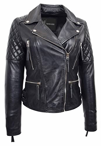 Damen Lederjacke, Biker-Stil, gesteppt, Schwarz / Cognac Liz, Schwarz , 40 von A1 FASHION GOODS