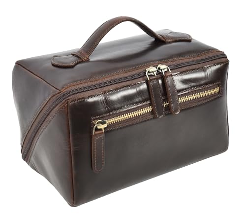 Leder Kulturbeutel Braun Reise Kulturbeutel Herren Kosmetik und Rasierset Organizer mit mehreren Reißverschlussfächern Unity, braun, M, Klassisch von A1 FASHION GOODS