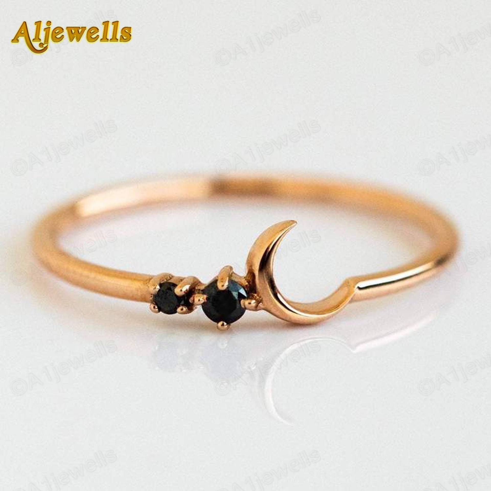 Schwarzer Diamant Mond Halbmond Ehering 14K Gold Stapelring Stapelbare Ringe Dünne Ring Handgemacht Fein Brautschmuck Geschenk Für Sie von A1Jewells