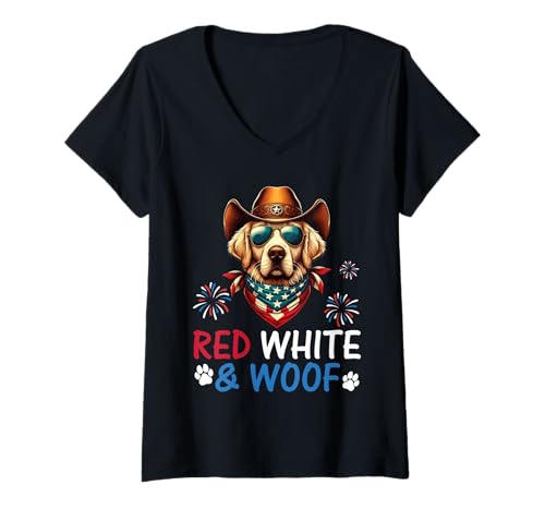 Damen Golden Retriever Cowboy Kostüm Feuerwerk Rot Weiß und Woof T-Shirt mit V-Ausschnitt von A1Tee Fourth of July Golden Retriever Dog Dad Mom