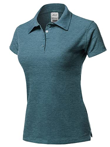 A2Y Damen Basic Casual Essentials 4 Knöpfe Junior-Fit PK Baumwoll-Piqué Poloshirt, Yawsts0001 Heather Navy, Groß von A2Y