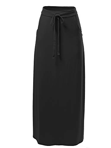 A2Y Damen Basic Faltbare Hohe Taille Bodenlänge Maxi Röcke, Yawskl0002 Schwarz, X-Groß von A2Y