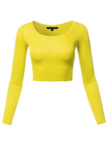 Damen Basic Solid Stretchable Rundhalsausschnitt Langarm Crop Top - Gelb - Klein von A2Y