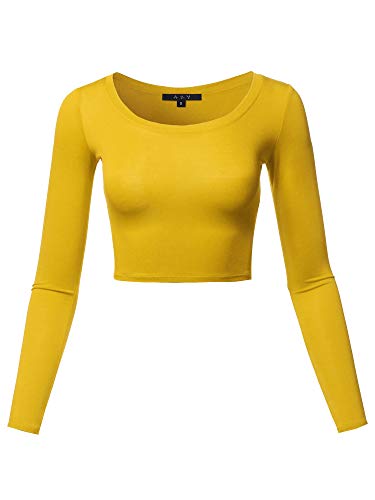 Damen Basic Solid Stretchable Rundhalsausschnitt Langarm Crop Top - Gold - Klein von A2Y