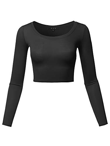 Damen Basic Solid Stretchable Rundhalsausschnitt Langarm Crop Top - Schwarz - Mittel von A2Y