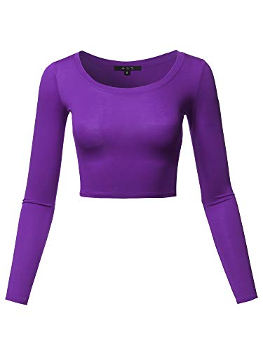 Damen Basic Solid Stretchable Rundhalsausschnitt Langarm Crop Top - Violett - Mittel von A2Y