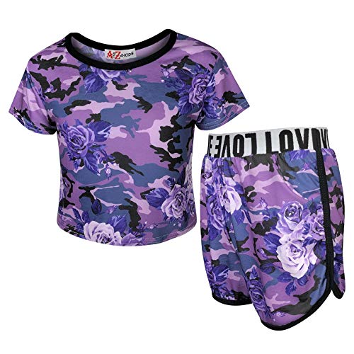 A2Z 4 Kids® Kinder Mädchen Crop Top Kurze Hose Blumen - Crop & Shorts 528 Camo Purple._9-10 von A2Z 4 Kids