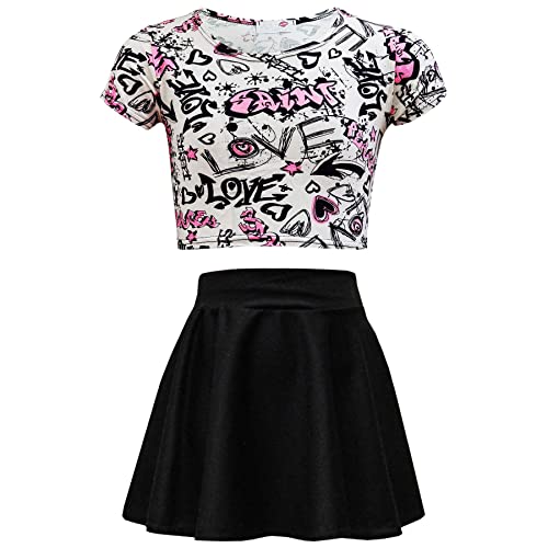 A2Z 4 Kids® Kinder Mädchen Love Graffiti Scribble Aufdruck Bauchfreies Top & Schwarz Skater Rock Set Alter 7 8 9 10 11 12 13 Jahre (7-8 Jahre (122-128), Crop Top & Rock Set) von A2Z 4 Kids