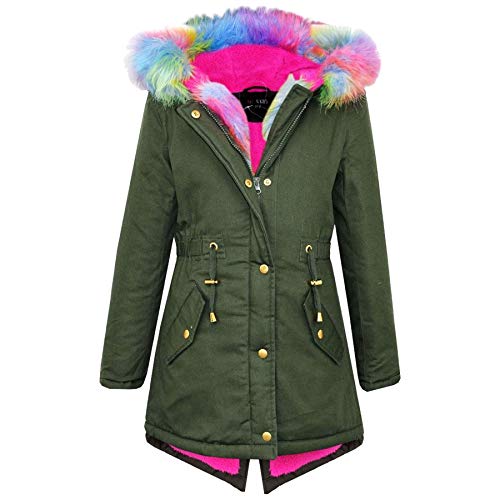 A2Z 4 Kids® Kinder Mädchen Mit Kapuze Jacke Designer Regenbogen Pelz - Parka Jacket Rainbow Fur Khaki 6-7 von A2Z 4 Kids