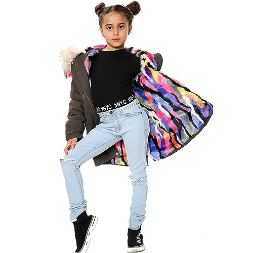 A2Z 4 Kids® Kinder Mädchen Mit Kapuze Jacke Designer Regenbogen Pelz - Jacket JK24 Olive._11-12 von A2Z 4 Kids