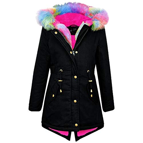 A2Z 4 Kids®, Kapuzenjacke für Kinder/Mädchen, Regenbogen-Kunstfell-Parka-Design, Schuljacken, Mantel, Outdoor-Kleidung, Alter 2, 3, 4, 5, 6, 7, 8, 9, 10, 11, 12, 13 Jahre Gr. 3-4 Jahre, Schwarz von A2Z 4 Kids