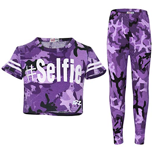 A2Z 4 Kids® Mädchen Top Kids Designer Camouflage Print Trendy Crop Top & Fashion Leggings Set New Age 7 8 9 10 11 12 13 Jahre Gr. 9-10 Jahre, #Selfie Purple von A2Z 4 Kids