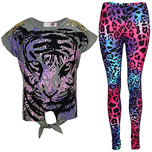 A2Z 4 Kids® New Girls Tigergesicht Aufdruck T Shirt & Leopard Leggings Set - Grau, 9-10 Jahre von A2Z 4 Kids