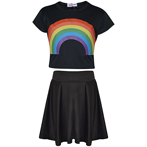 A2Z 4 Kids Kinder Mädchen Crop Top & Rock Satz Designer Schwarz Regenbogen Aufdrucken - Rainbow 270 Crop Skirt Black._7-8 von A2Z 4 Kids