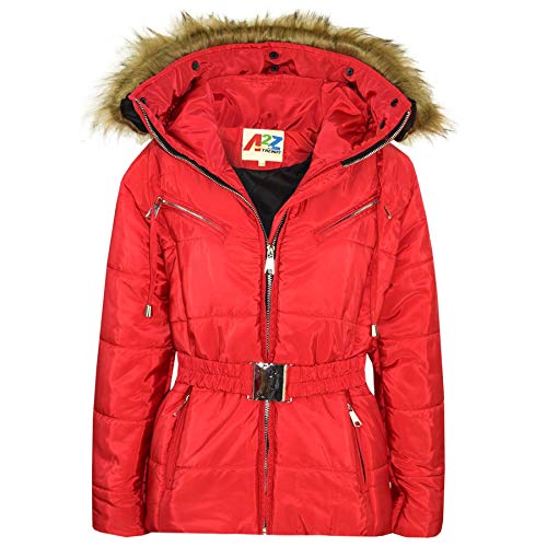 A2Z 4 Kids Mädchen Jacken Puffer Mit Kapuze Stilvoll Abnehmbar Kunstpelz Gepolstert Mit Reißverschluss Mit Gürtel - Jacket Belted 582 Red 9-10 von A2Z 4 Kids