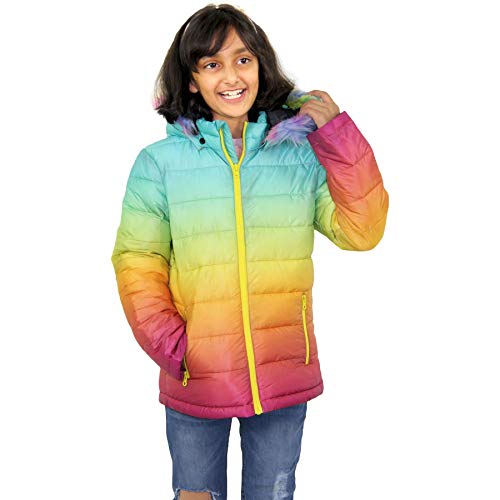 A2Z 4 Kids Kinder Mädchen Puffer Jacke Kunst Pelz Mit Kapuzen Zwei Farbig 3D Verblasst Mode Stilvolle - Jacket JK22 Rainbow 13 von A2Z 4 Kids