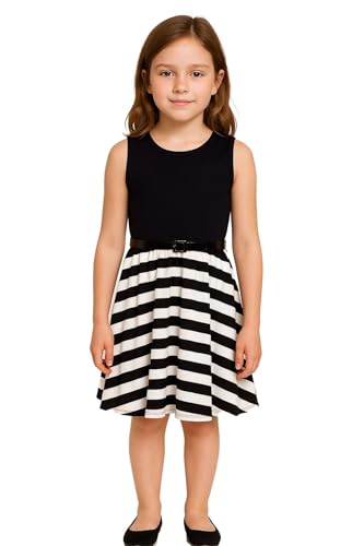 A2Z 4 Kids Mädchen Skaterkleid Gestreift Panel Gürtel Sommer Party Tanz Sonnenkleider Ärmellos Ausgestellt - Skater Dress Striped Panel Black 9-10 von A2Z 4 Kids