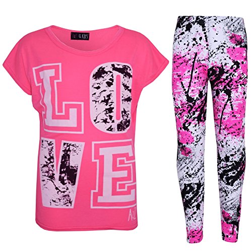 A2Z 4 Kids®, Set mit T-Shirt mit LOVE-Aufdruck und Leggings im Farbspritzer-Design für Mädchen im Alter von 7 bis 13 Jahren Gr. 9-10 Jahre, neon pink von A2Z 4 Kids