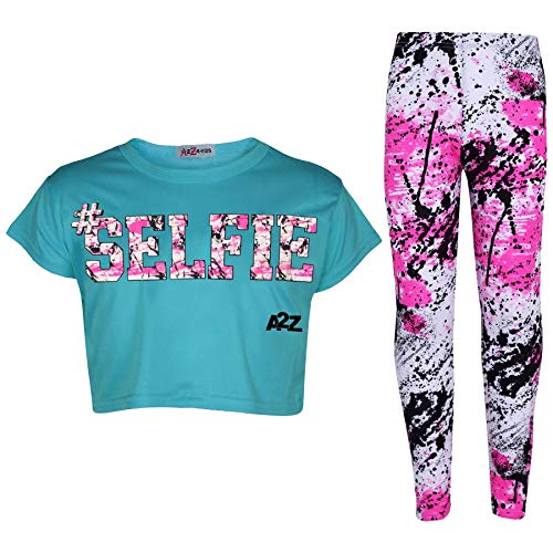 A2Z 4 Kids®, Set mit T-Shirt mit LOVE-Aufdruck und Leggings im Farbspritzer-Design für Mädchen im Alter von 7 bis 13 Jahren Gr. 5-6 Jahre, Selfie Splash Crop & Leggings türkis von A2Z 4 Kids