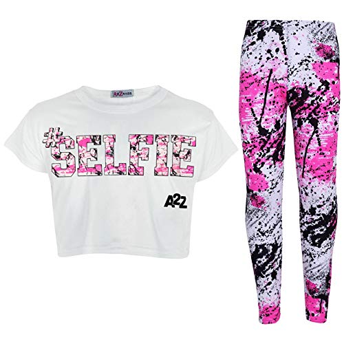 A2Z 4 Kids®, Set mit T-Shirt mit LOVE-Aufdruck und Leggings im Farbspritzer-Design für Mädchen im Alter von 7 bis 13 Jahren Gr. 9-10 Jahre, Selfie Splash Crop & Leggings weiß von A2Z 4 Kids