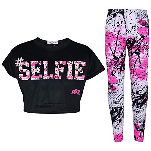 A2Z 4 Kids®, Set mit T-Shirt mit LOVE-Aufdruck und Leggings im Farbspritzer-Design für Mädchen im Alter von 7 bis 13 Jahren Gr. 11-12 Jahre, Selfie Splash Crop & Leggings schwarz von A2Z 4 Kids