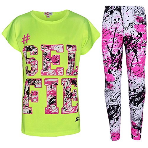 A2Z 4 Kids®, Set mit T-Shirt mit LOVE-Aufdruck und Leggings im Farbspritzer-Design für Mädchen im Alter von 7 bis 13 Jahren Gr. 5-6 Jahre, Selfie Splash Set Neon Grün von A2Z 4 Kids